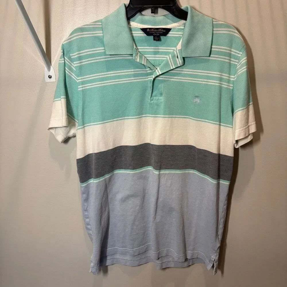 Brooks Brothers slim fit short sleeve polo Men's Large supima cotton aqua stripe